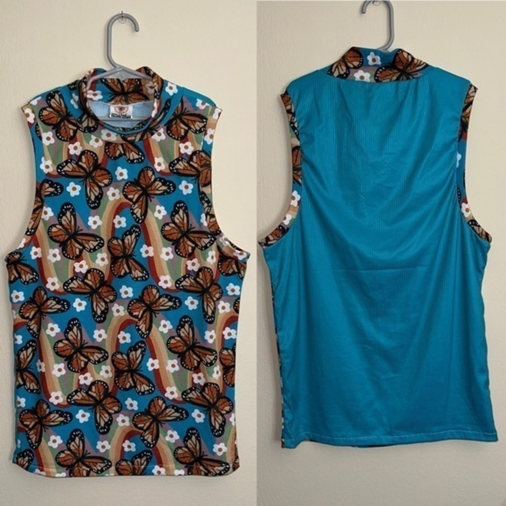 Mock Neck Sleeveless Butterfly Blue Handmade Top Size m New